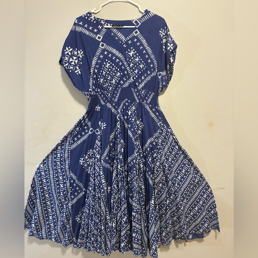 Blue and White Printed Midi Dress